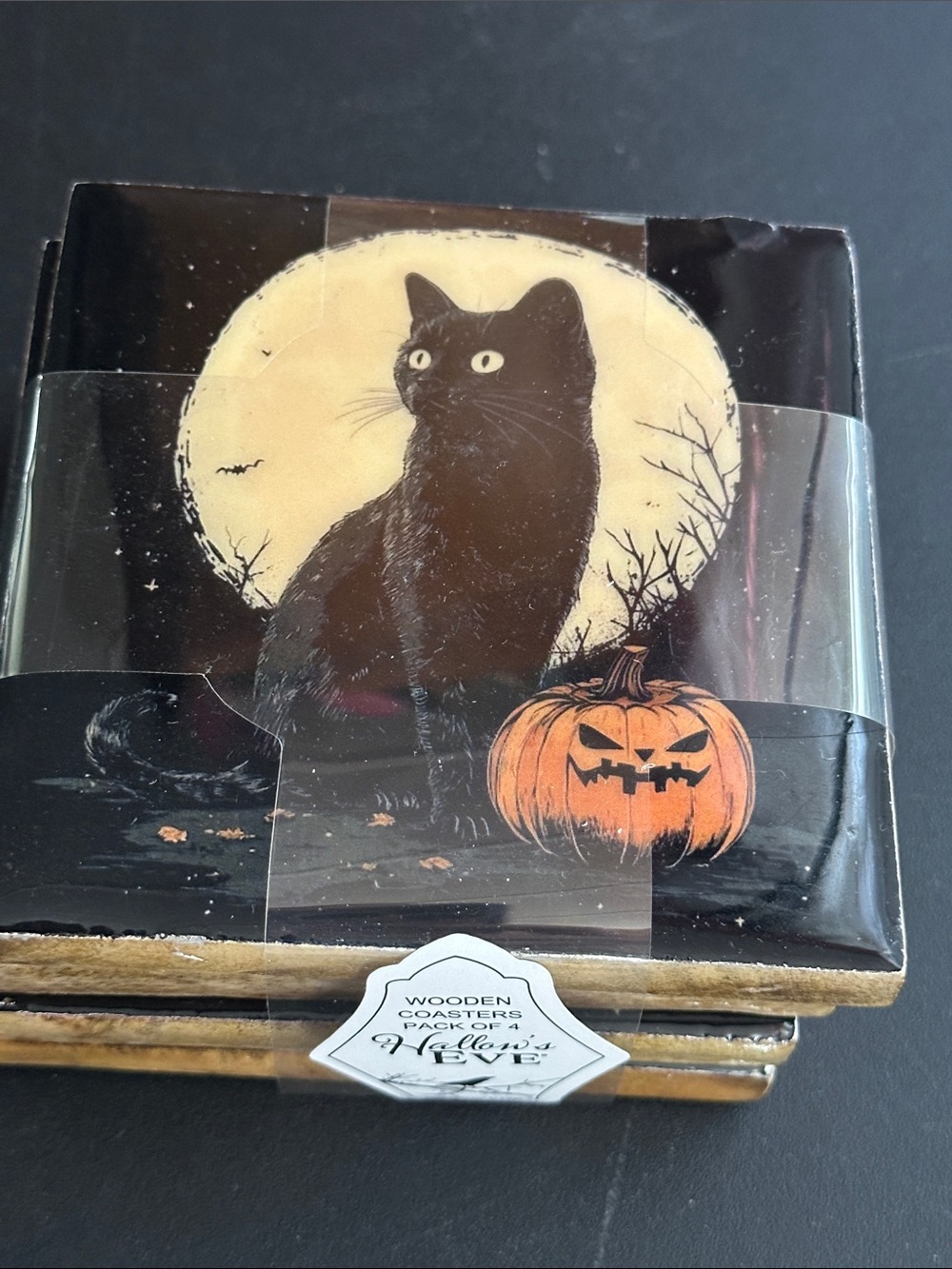 Hallows Eve black cat with pumpkin wooden coasters pack of four
